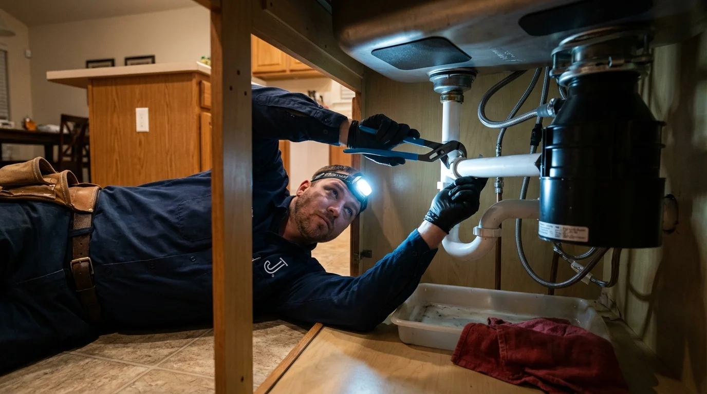 P-trap and supply line connections under a kitchen sink showing a common leak point in Holland, NY